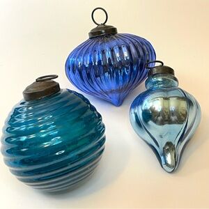 Vintage Style Mercury Blue Shades Glass Christmas Ornaments Set of 3